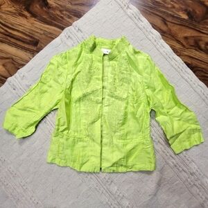 Chicos Embroidered Linen Mandarin Style Open Cardigan Jacket size S Neon Green